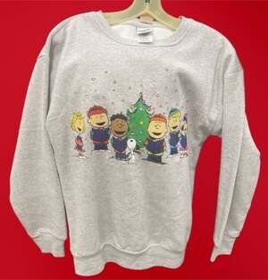 Peanuts Christmas Caroling Crewneck Sweatshirt, Gray,  Festive Holiday Top with